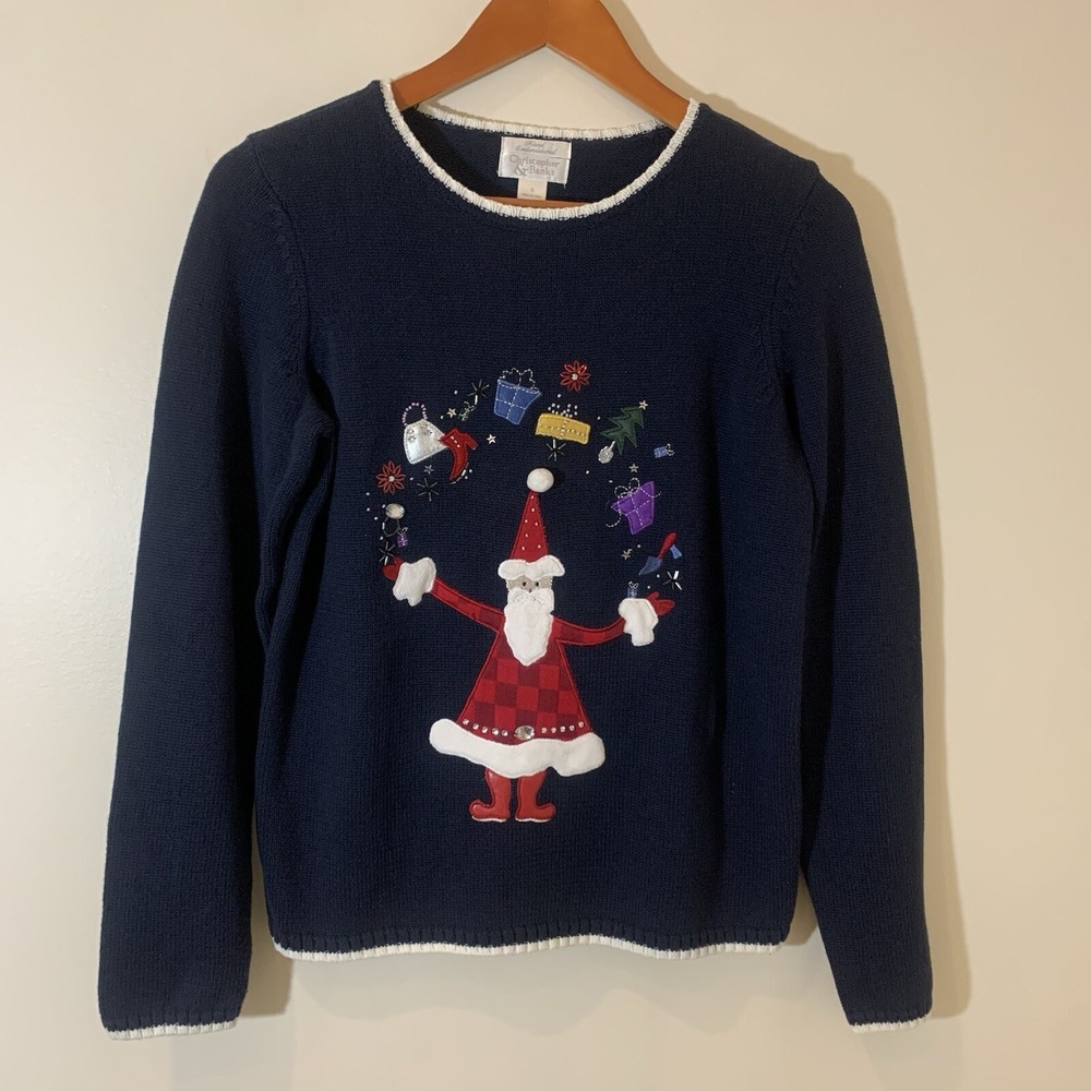 Christopher & Banks Womens‎ Holiday Sweater Small Blue Hand Embroidered Beaded